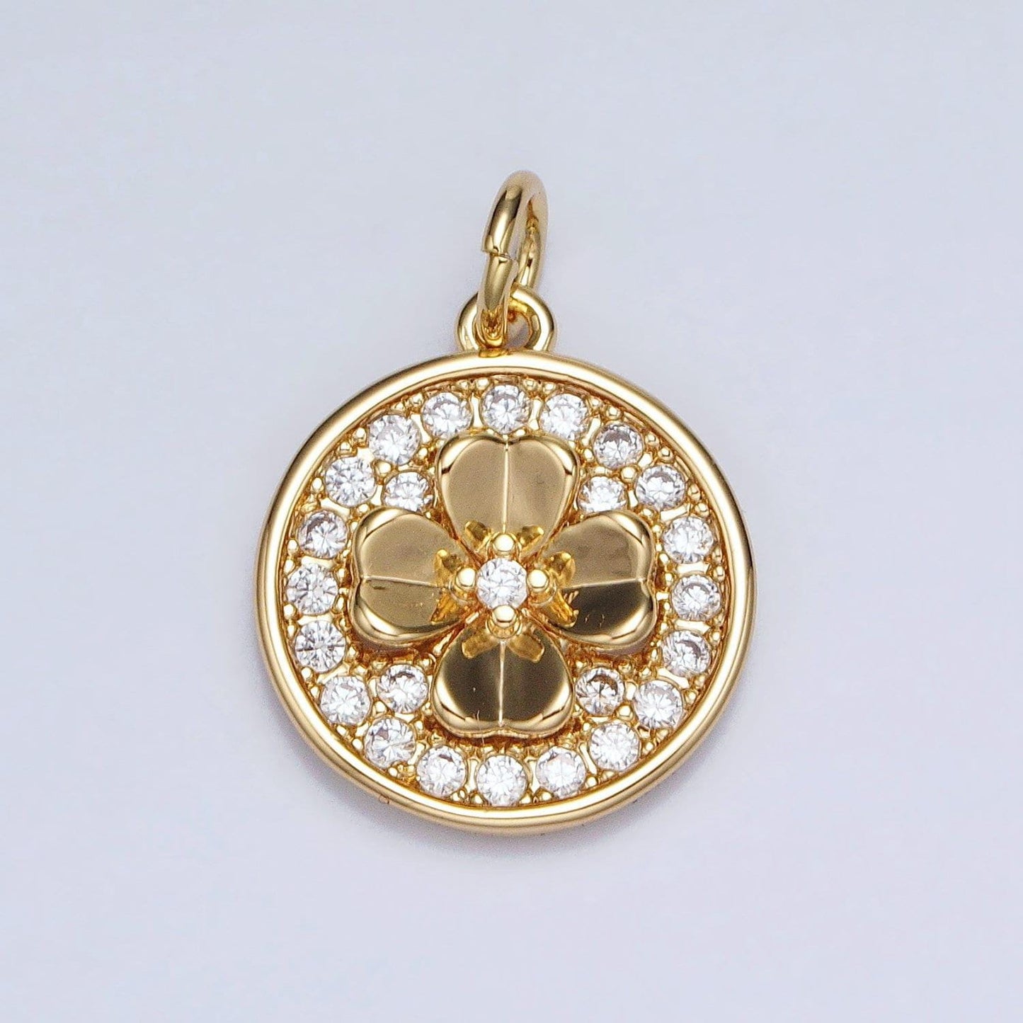 Cubic lucky charm gold, silver clover quatrefoil micro paved cz round coin charm | ac607 ac608