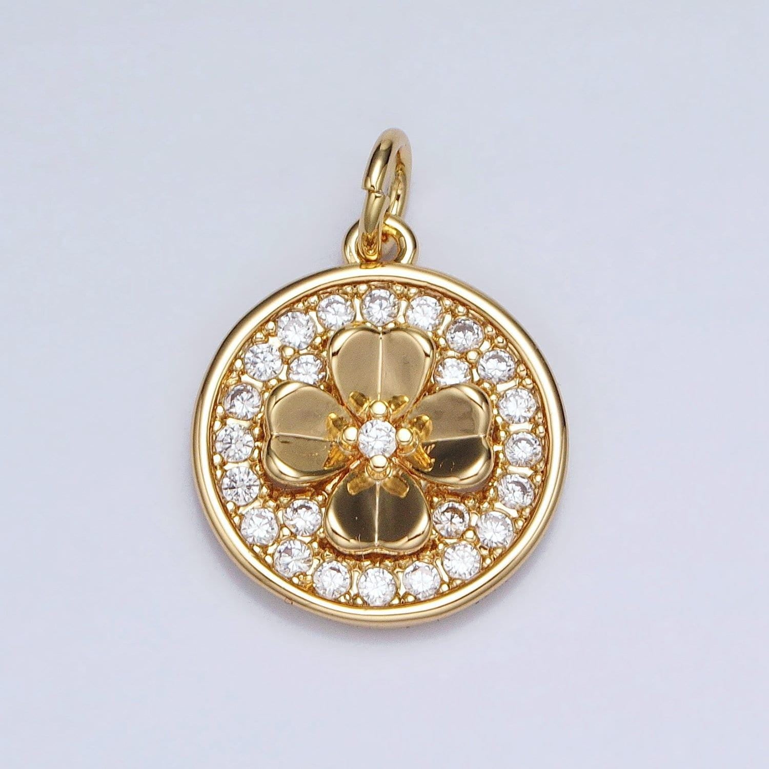 Cubic lucky charm gold, silver clover quatrefoil micro paved cz round coin charm | ac607 ac608