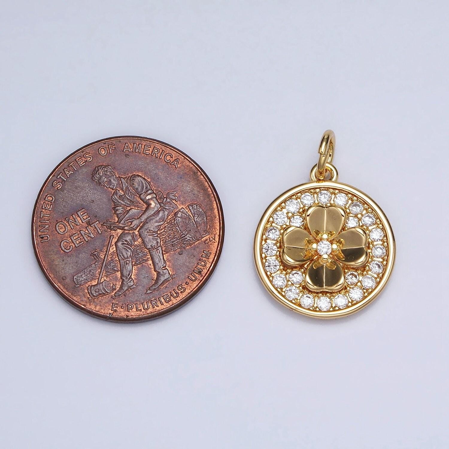 Cubic lucky charm gold, silver clover quatrefoil micro paved cz round coin charm | ac607 ac608