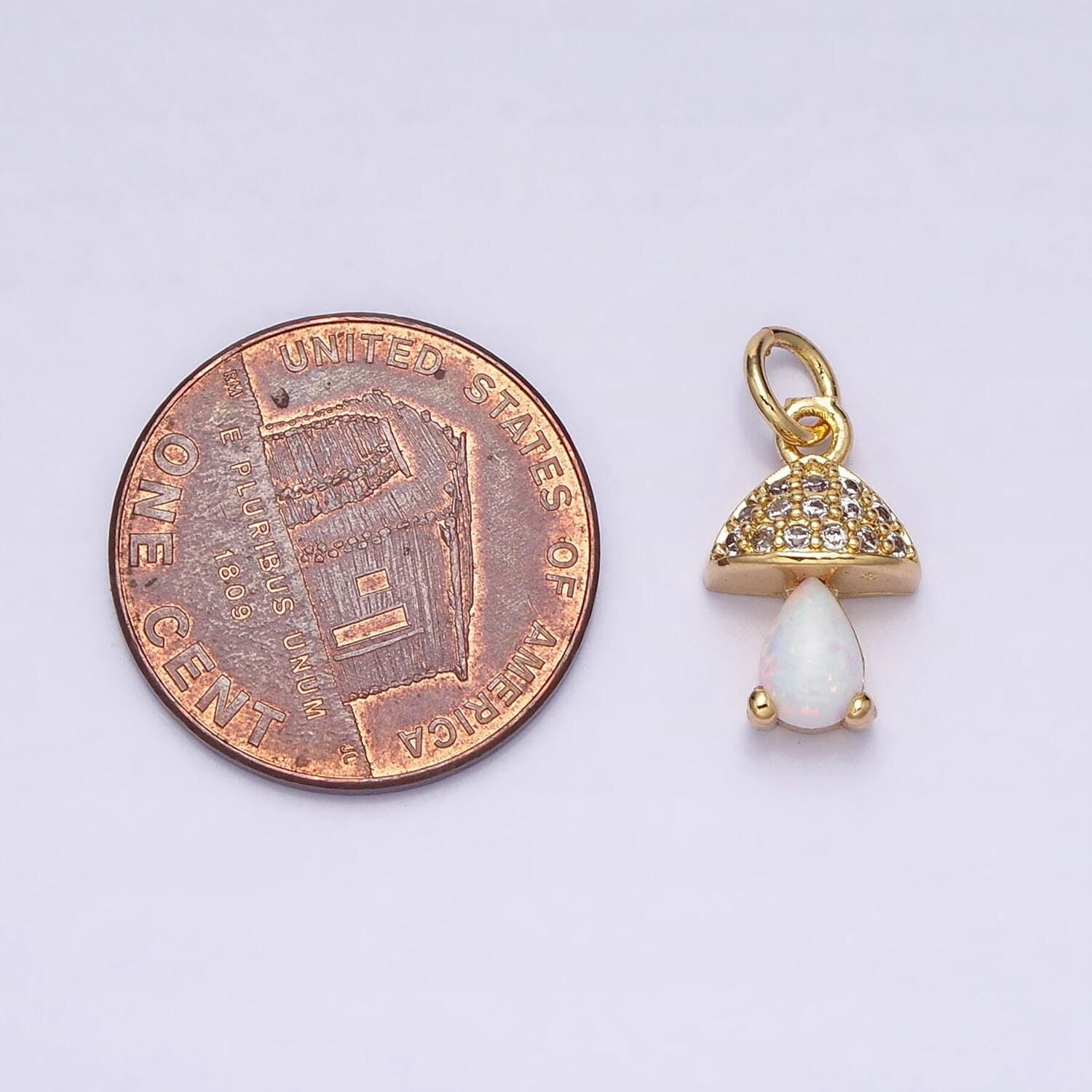 Mini mushroom gold filled micro pave charm, cubic zirconia shromie pendant charm, dainty clear pear cut opal charm ac563