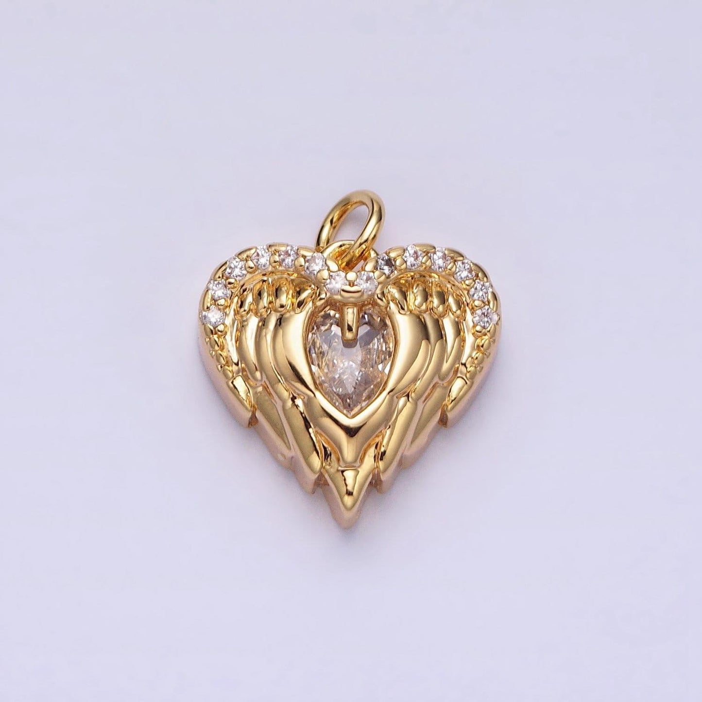 Mini gold angel wing charm with cz oval stone heart guardian angel pendant ac494 ac495