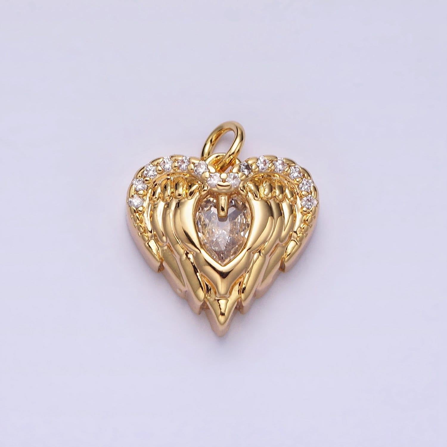 Mini gold angel wing charm with cz oval stone heart guardian angel pendant ac494 ac495