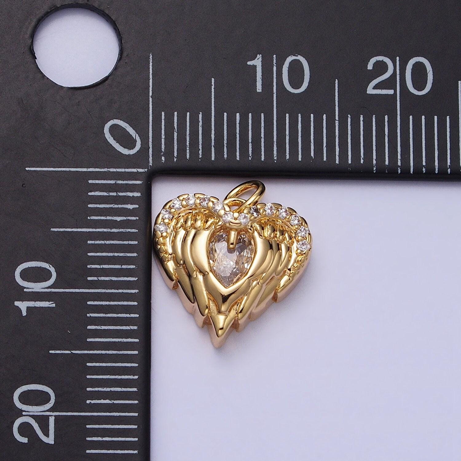 Mini gold angel wing charm with cz oval stone heart guardian angel pendant ac494 ac495