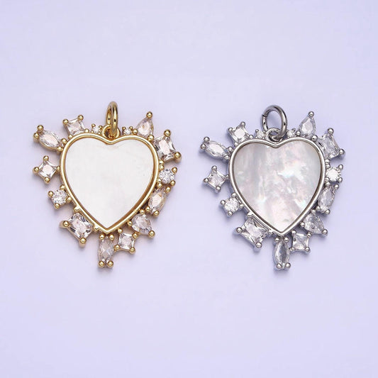 Gold filled pearl heart charm necklace clear cz sunburst cz gold pendant, dainty heart love valentine gift necklace supply ac454