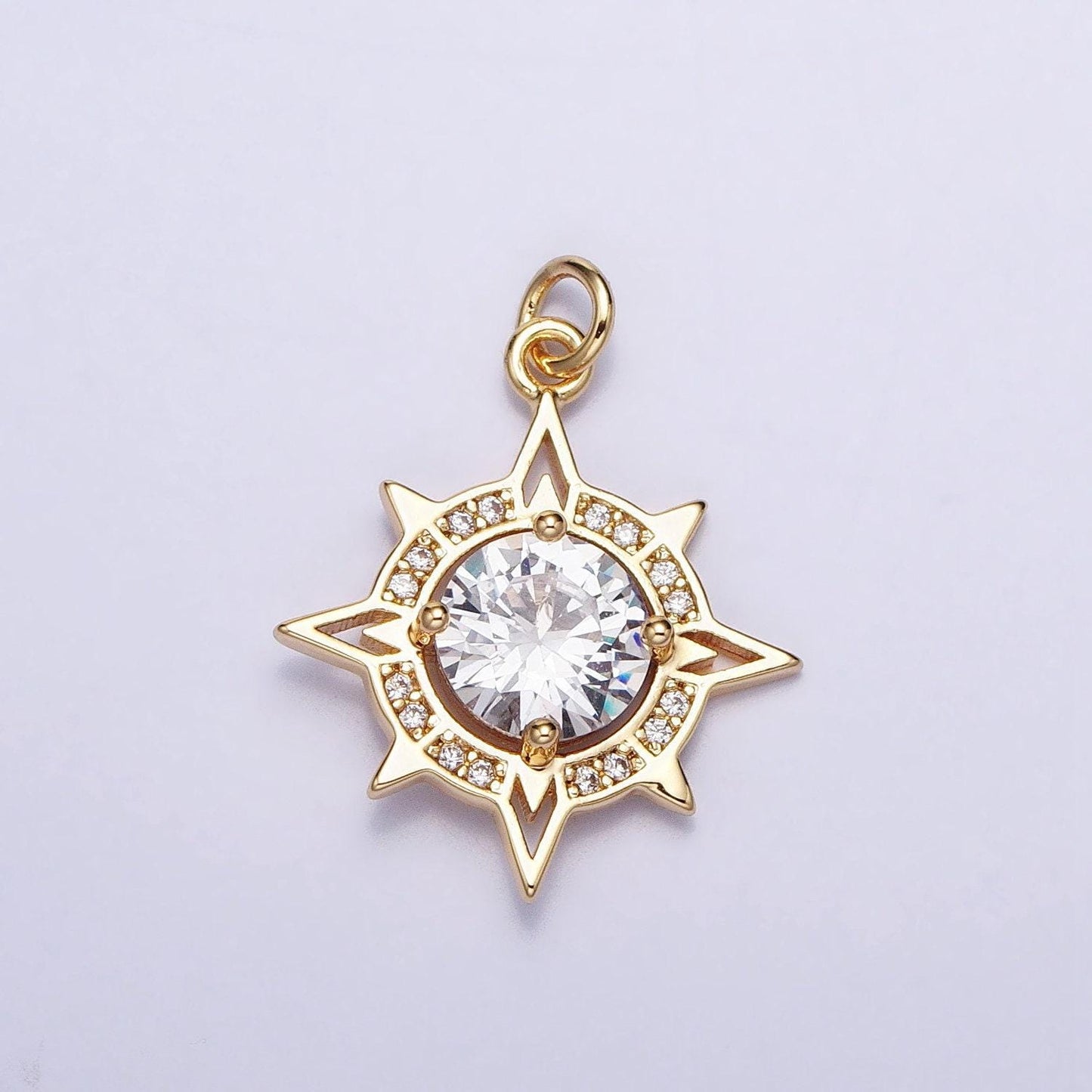 Gold, silver compass celestial sun round clear cz charm sun burst pendant for necklace bracelet component | ac385 ac386