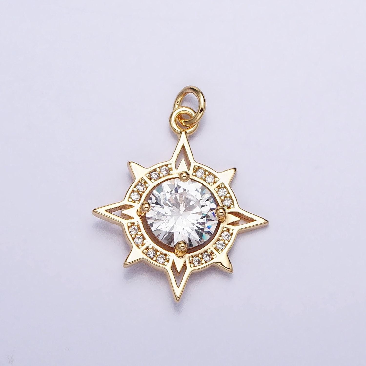 Gold, silver compass celestial sun round clear cz charm sun burst pendant for necklace bracelet component | ac385 ac386