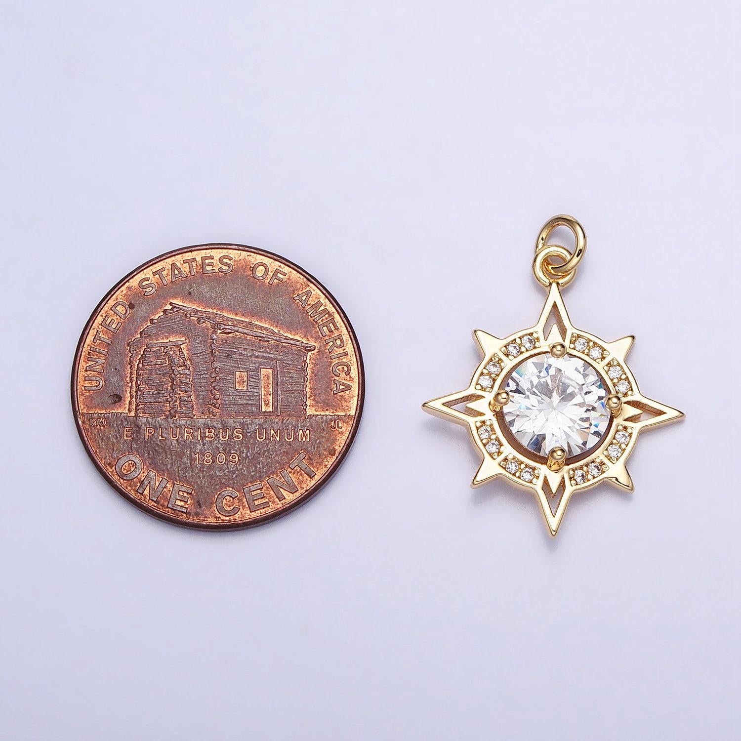 Gold, silver compass celestial sun round clear cz charm sun burst pendant for necklace bracelet component | ac385 ac386