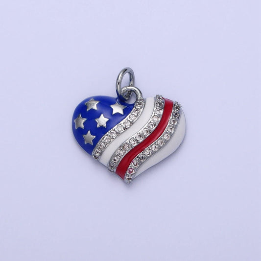 Silver us american heart flag charm with enamel united states patriotic 4th of july inspired for necklace bracelet earring component ac380