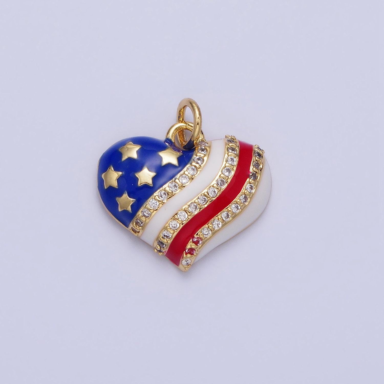 Gold us american heart flag charm with enamel united states patriotic 4th of july inspired for necklace bracelet earring component ac380