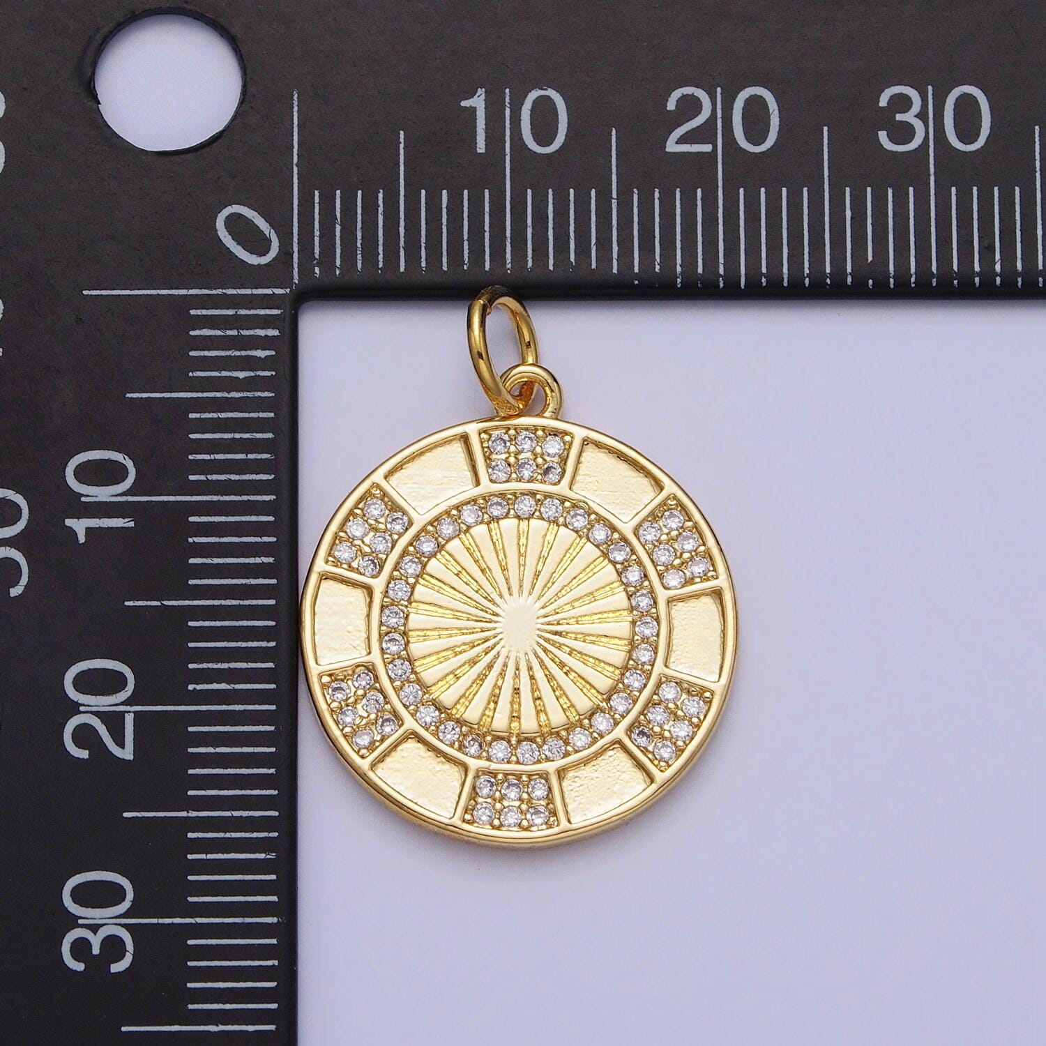 24k gold filled clear micro paved cz round sunburst medallion charm | ac369