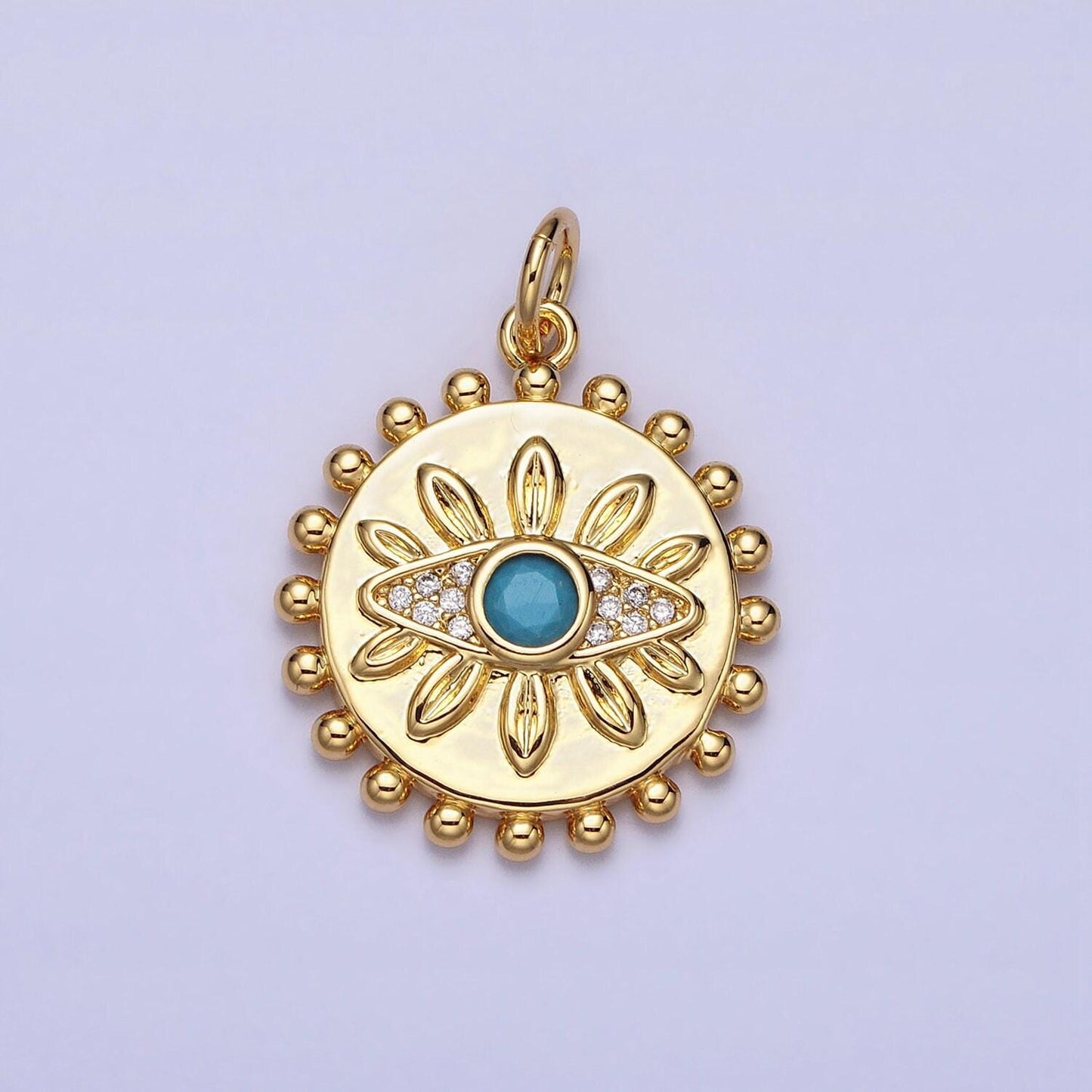 Bohemian inspired gold evil eye turquoise clear micro paved cz dotted round disc charm | ac362
