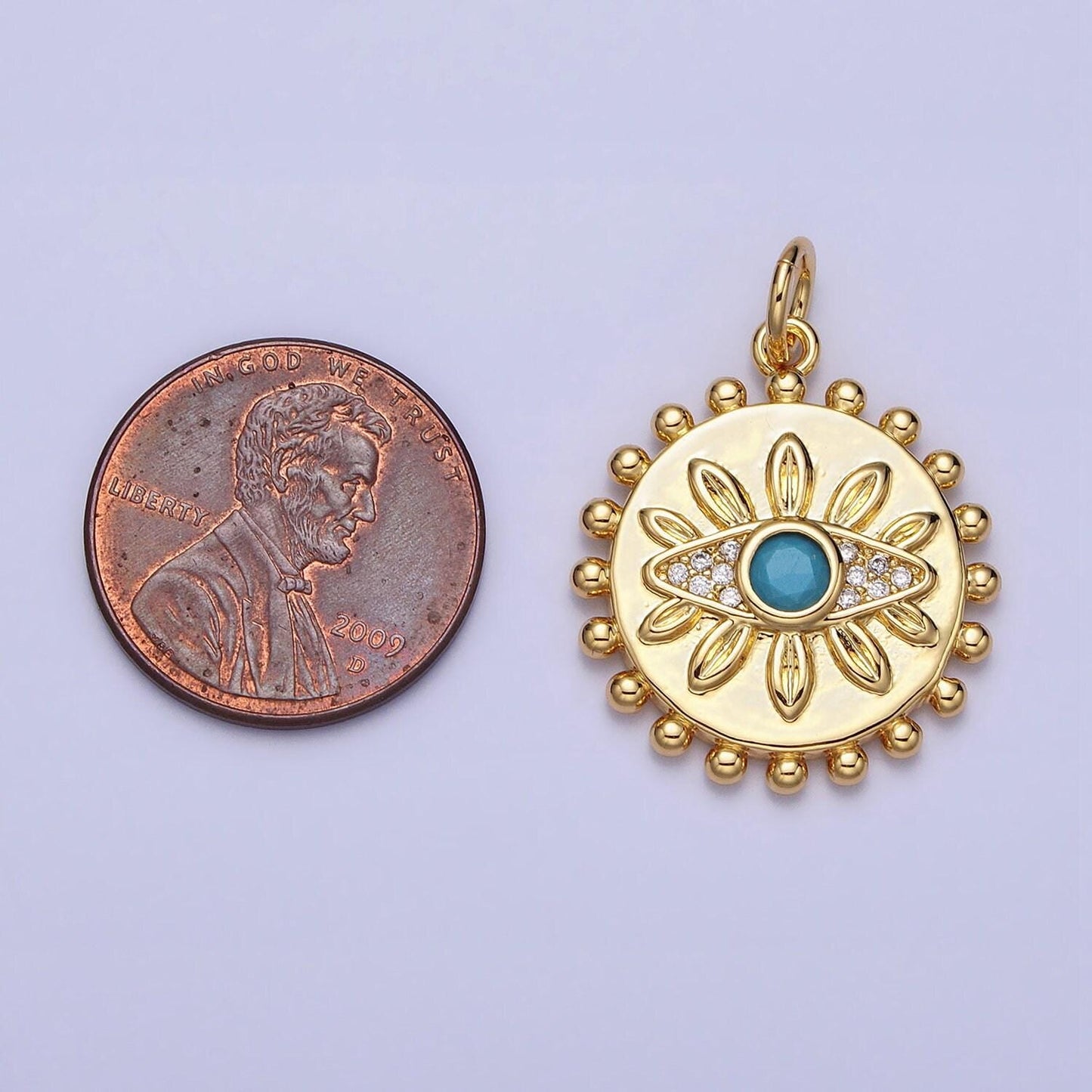 Bohemian inspired gold evil eye turquoise clear micro paved cz dotted round disc charm | ac362
