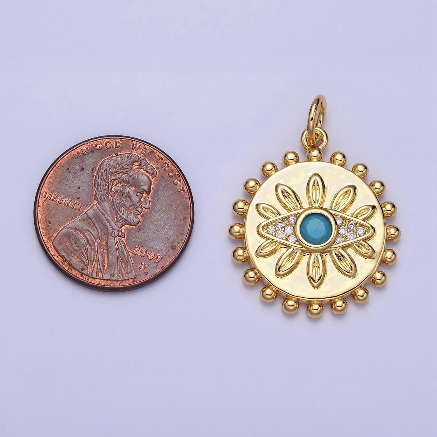 Bohemian inspired gold evil eye turquoise clear micro paved cz dotted round disc charm | ac362