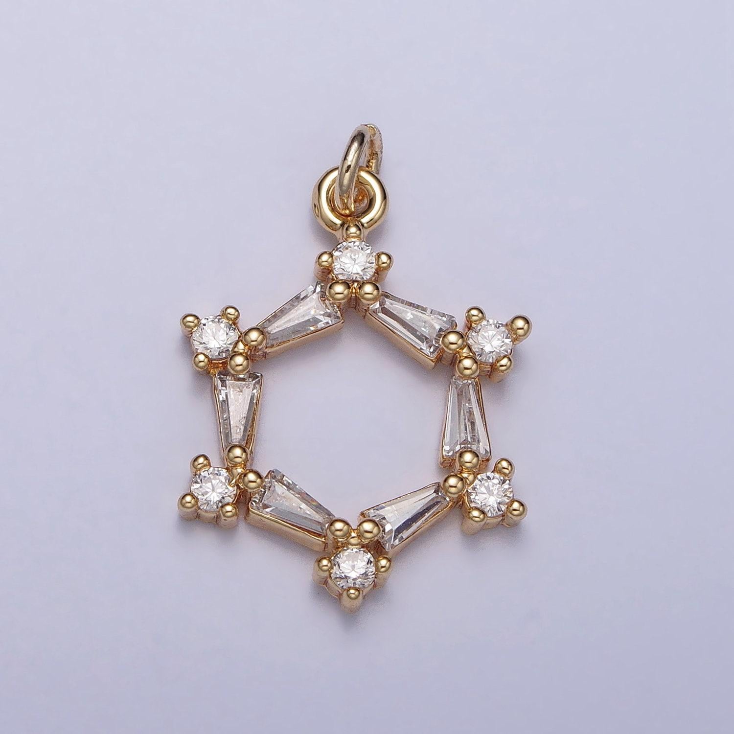 Clear baguette round cz hexagonal open geometric charm in gold & silver | ac353
