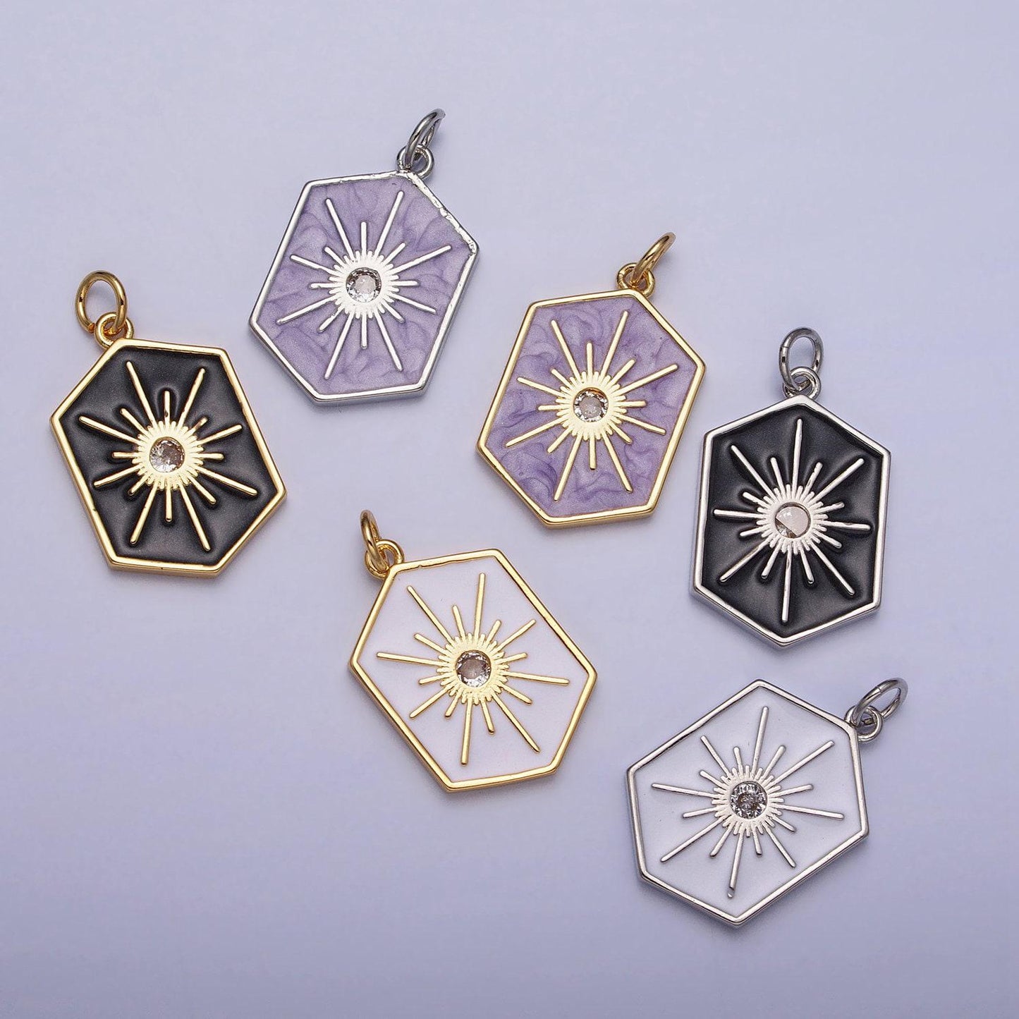 Dainty gold hexagon medallion pendant gold sunburst charm necklace bracelet enamel celestial jewelry inspired silver sun cz charm ac320