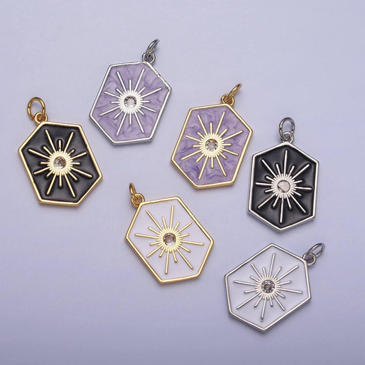 Dainty gold hexagon medallion pendant gold sunburst charm necklace bracelet enamel celestial jewelry inspired silver sun cz charm ac320