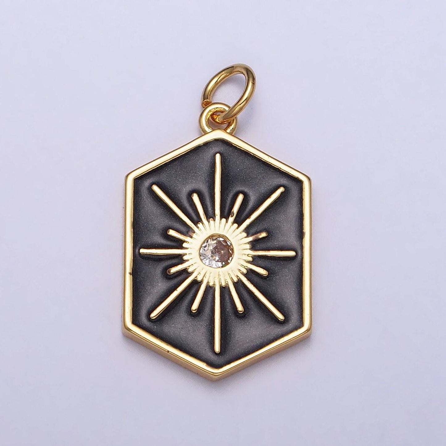 Dainty gold hexagon medallion pendant gold sunburst charm necklace bracelet enamel celestial jewelry inspired silver sun cz charm ac320