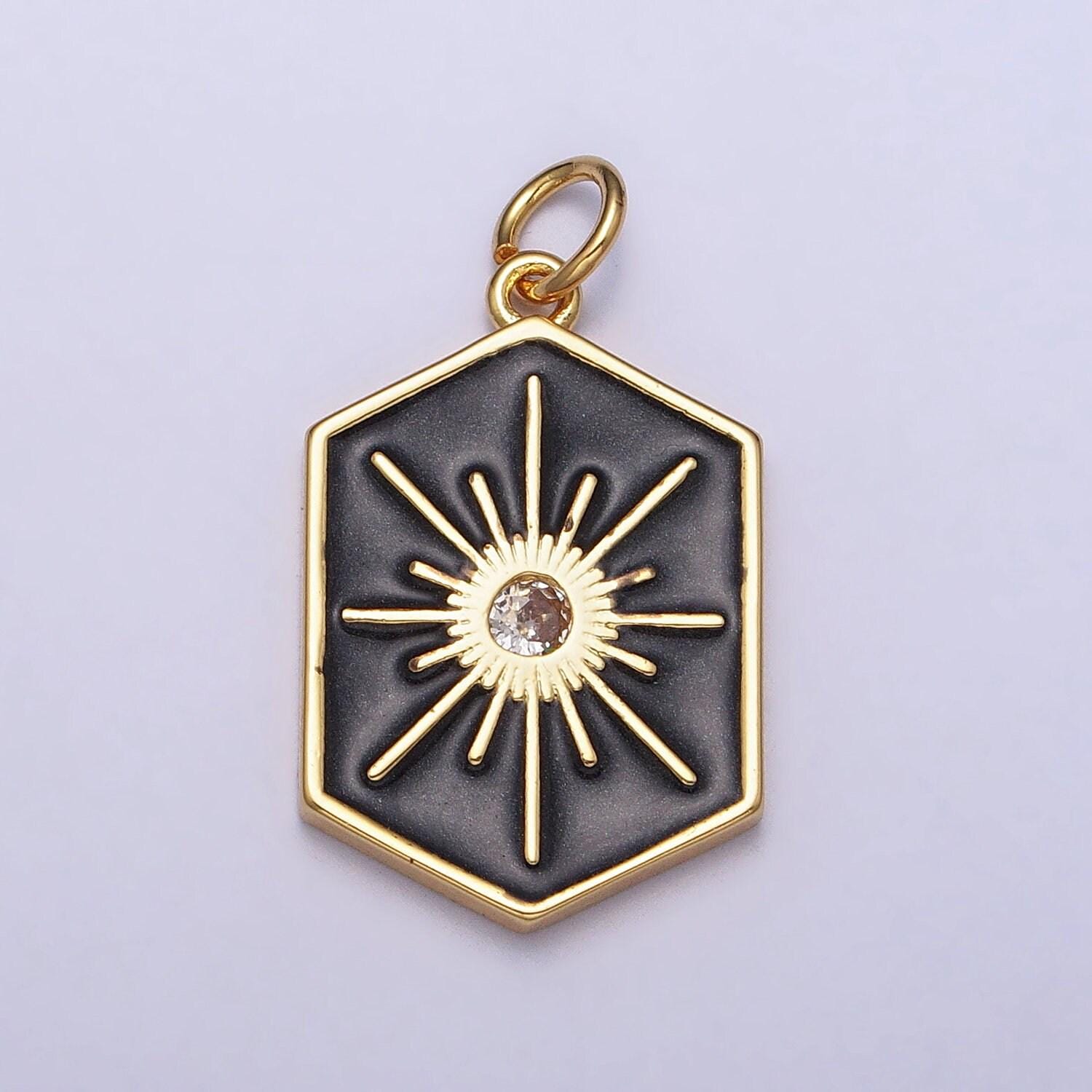Dainty gold hexagon medallion pendant gold sunburst charm necklace bracelet enamel celestial jewelry inspired silver sun cz charm ac320