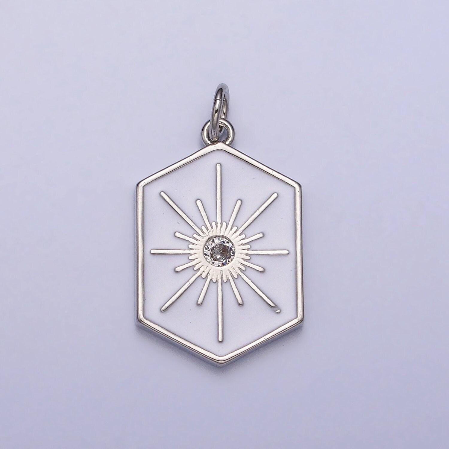 Dainty gold hexagon medallion pendant gold sunburst charm necklace bracelet enamel celestial jewelry inspired silver sun cz charm ac320