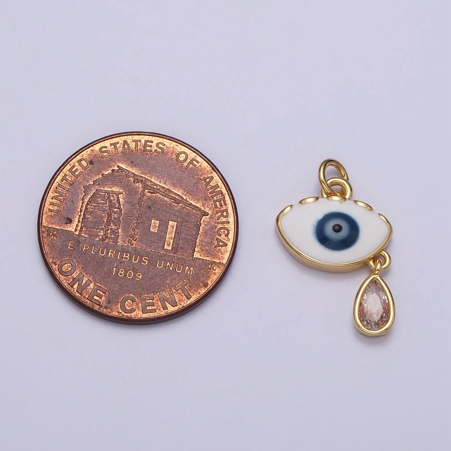 Gold eye pendant, enamel evil eye necklace charm pink white cz eye charm, evil eye pendant, teardop pendant, tear drop eye ac318