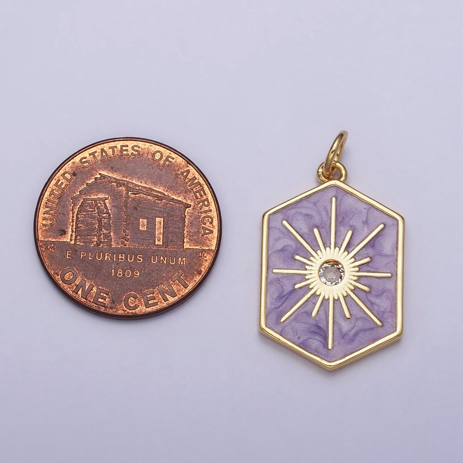 Dainty gold hexagon medallion pendant gold sunburst charm necklace bracelet enamel celestial jewelry inspired silver sun cz charm ac320