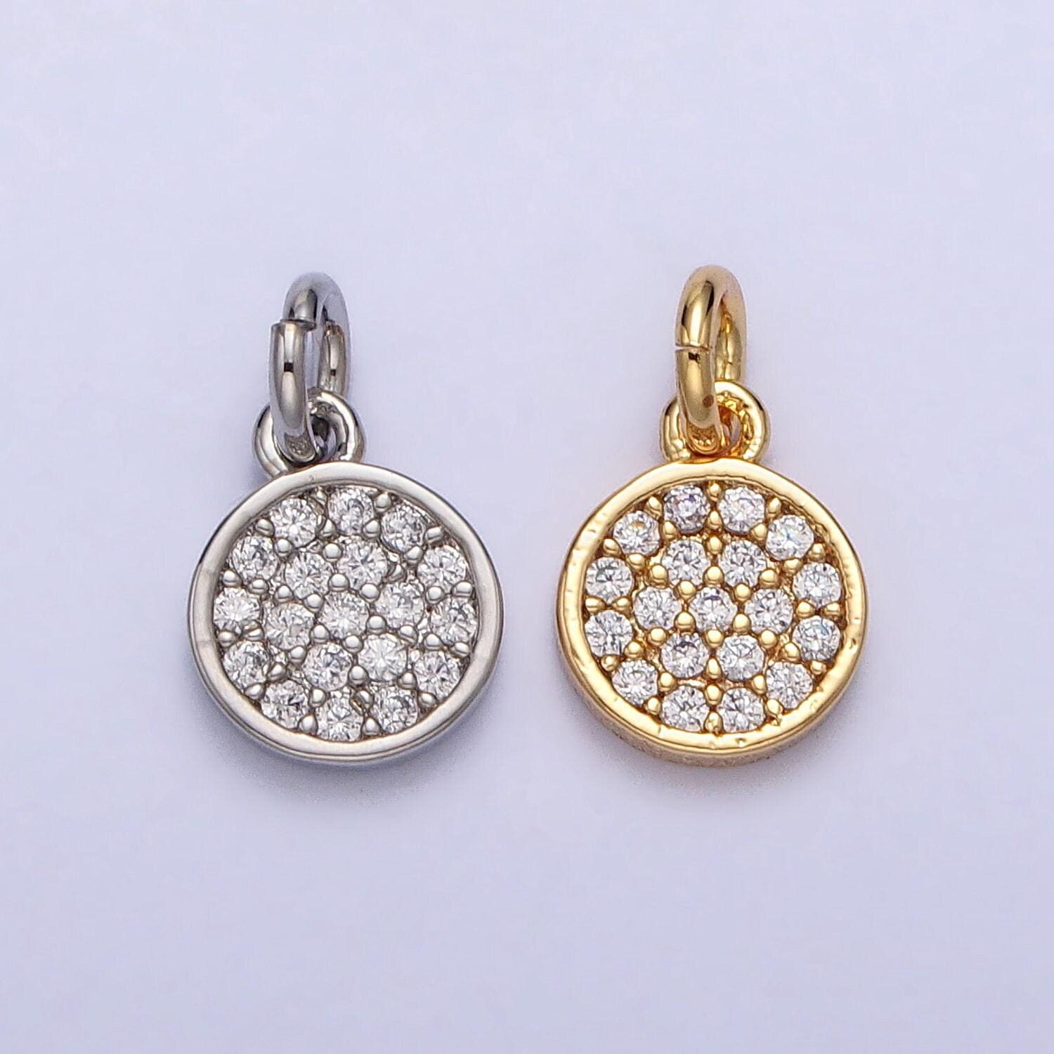 Mini cz paved gold circle charm 11x6.5mm 16k real gold plated brass, micro pave round coin pendants ac309