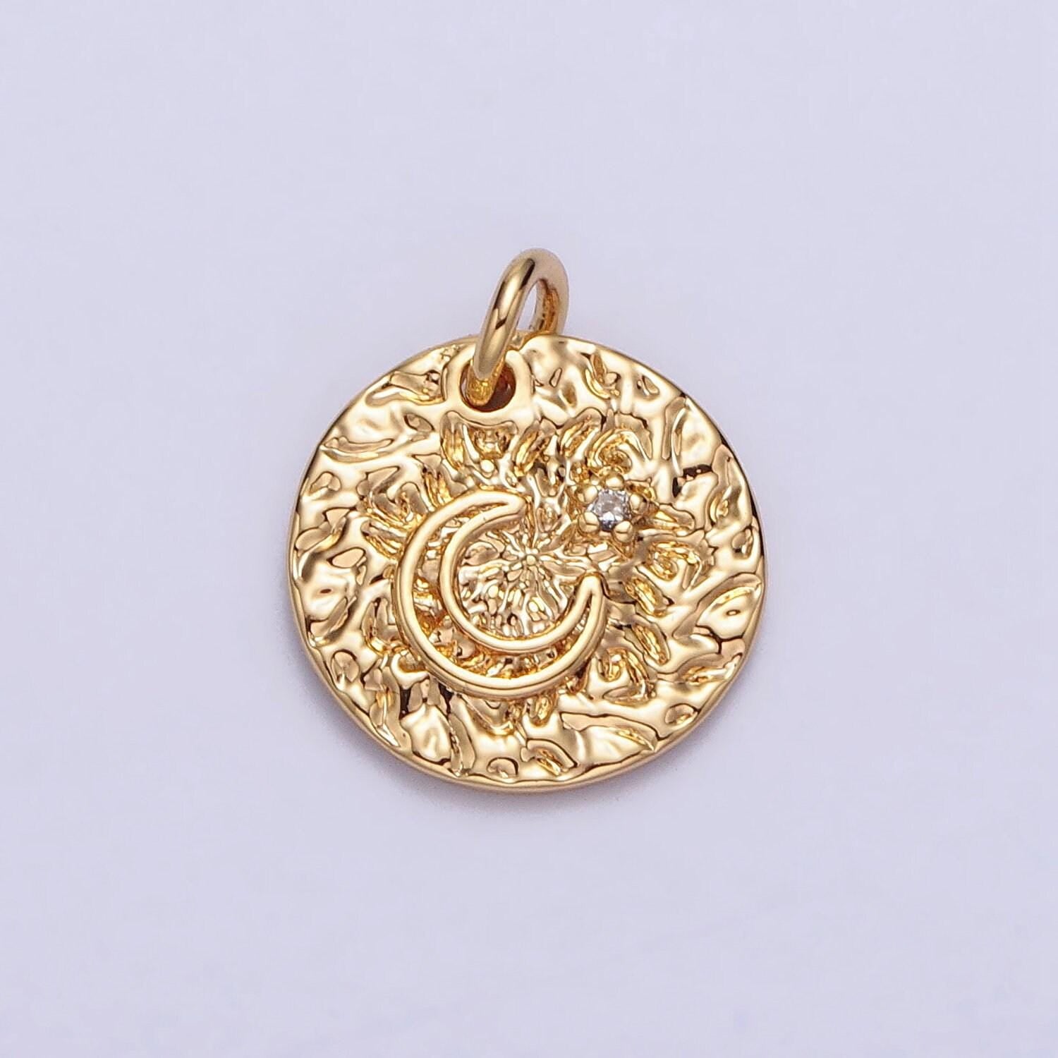 Gold hammered crescent moon pendant, 16k gold plated rustic cz star coin medallion charm | ac229