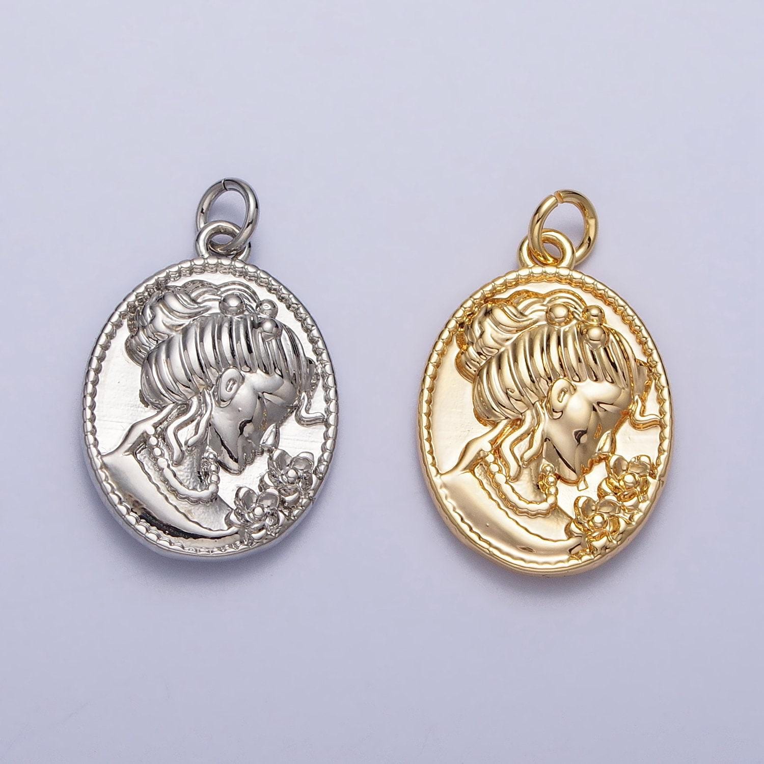 Dainty gold victorian woman cameo necklace charm silver vintage inspired romantic victorian jewelry supply ac299