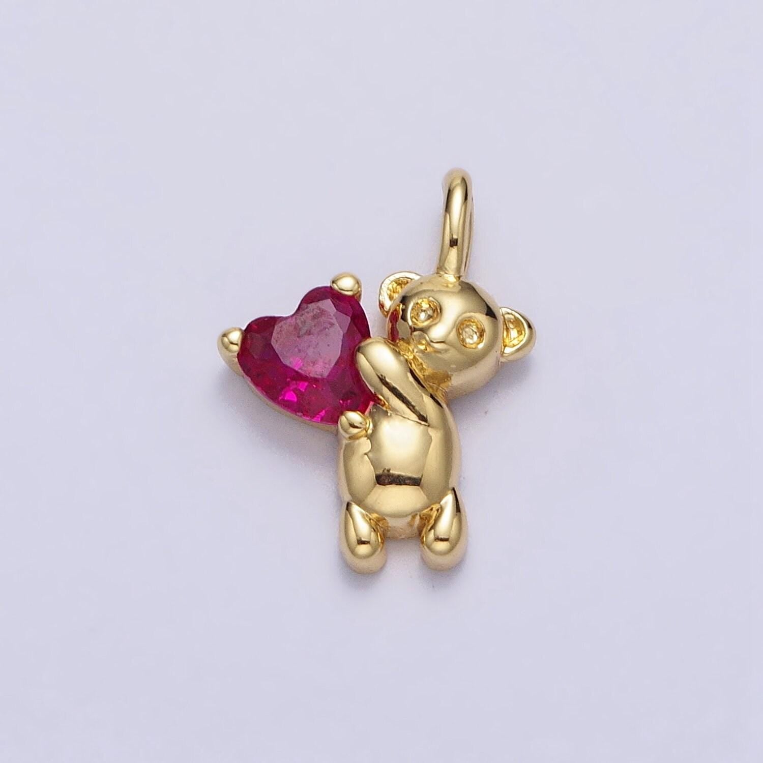 Mini gold bear pendant with heart cz stone for wholesale jewelry making supplies & crafting ac-222