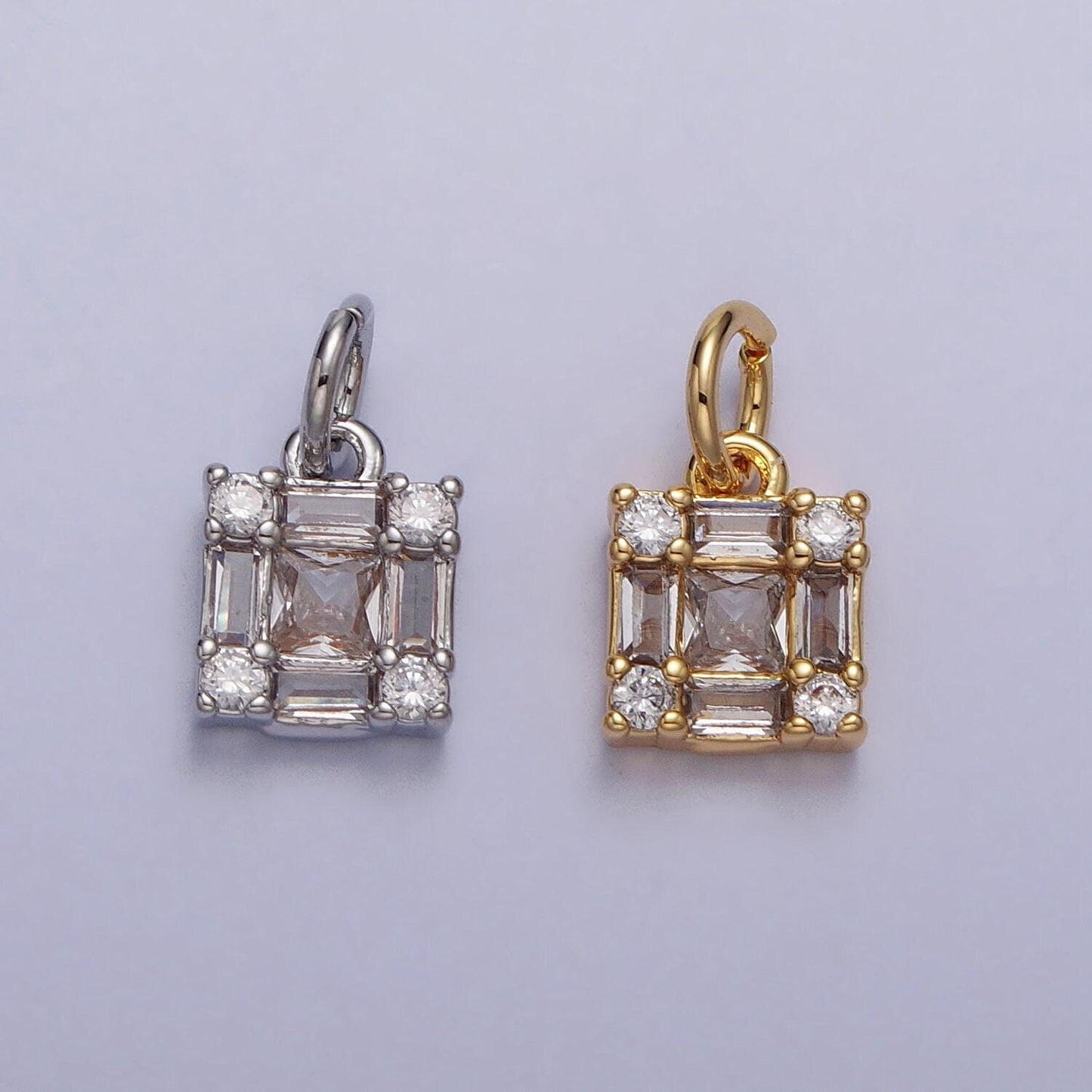 Mini gold square charm, cz micro pave baguette charm, zirconia charms, silver geometric gold plated findings ac197