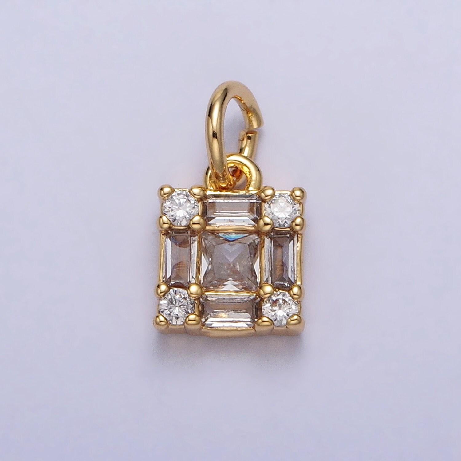 Mini gold square charm, cz micro pave baguette charm, zirconia charms, silver geometric gold plated findings ac197
