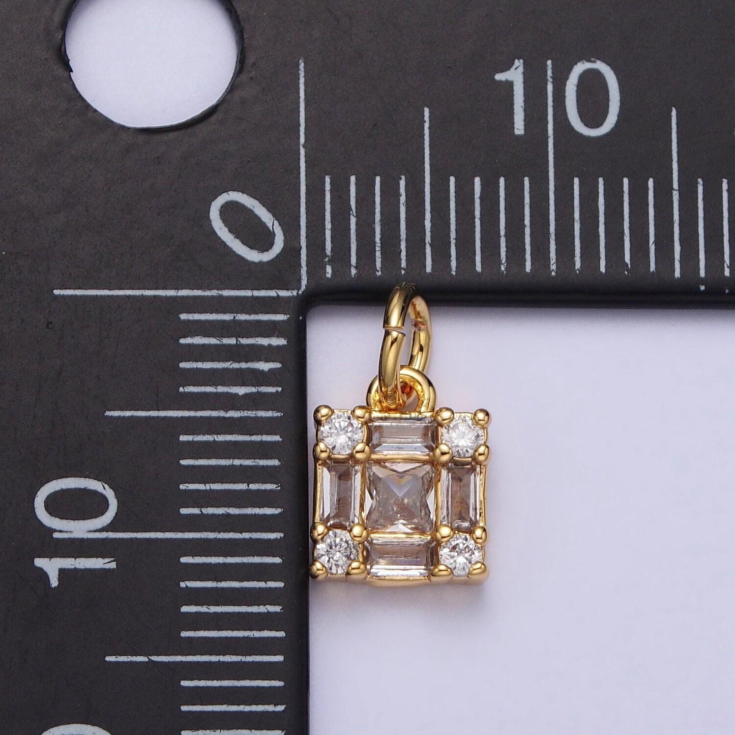 Mini gold square charm, cz micro pave baguette charm, zirconia charms, silver geometric gold plated findings ac197