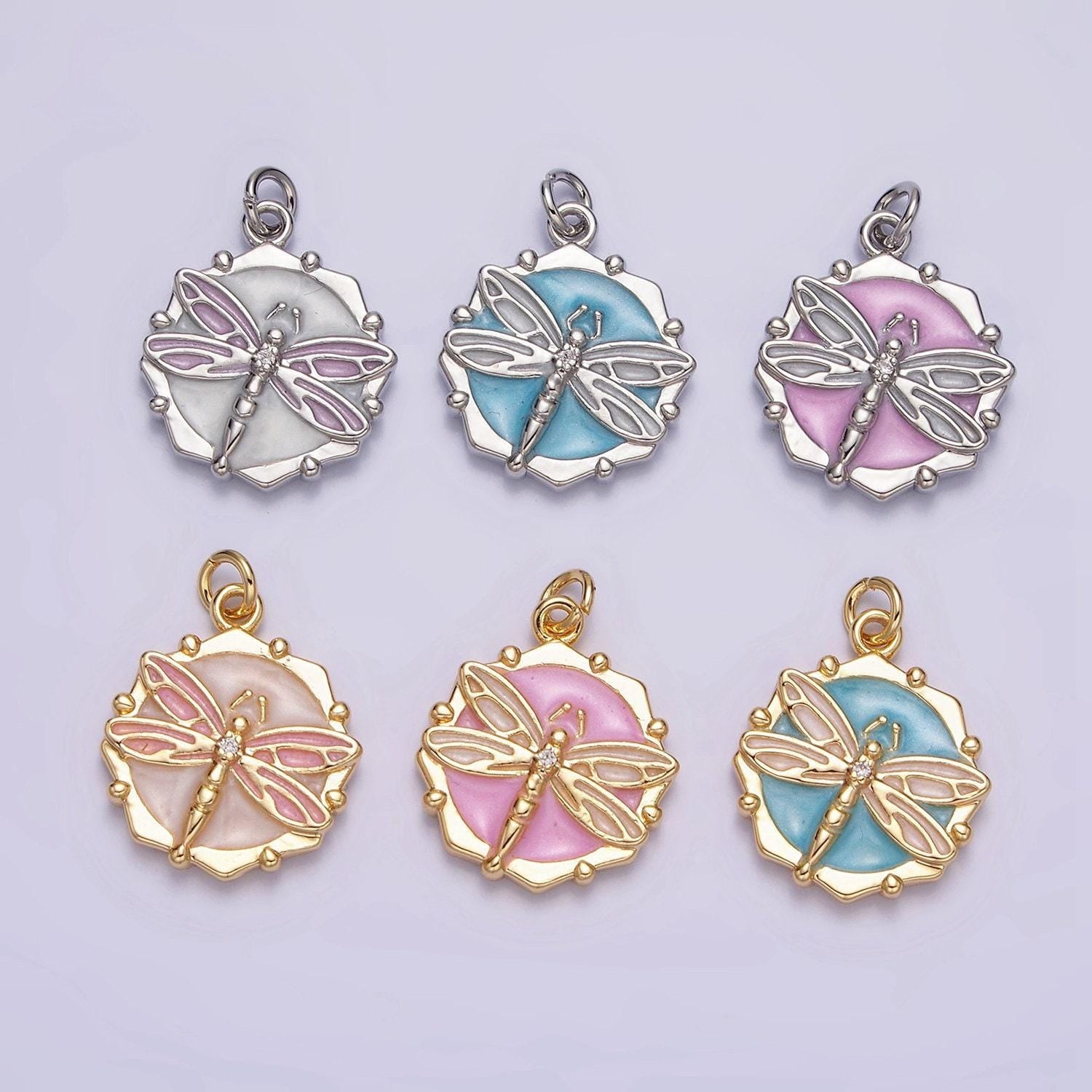 16k gold filled dragon fly white, pink, blue sparkly enamel charm insect pendant gold & silver animal charm | ac1555