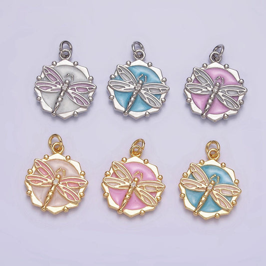 16k gold filled dragon fly white, pink, blue sparkly enamel charm insect pendant gold & silver animal charm | ac1555