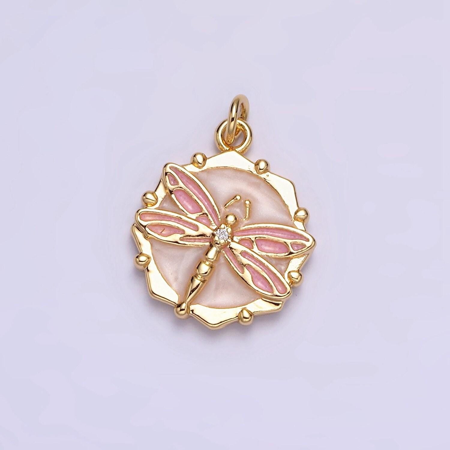 16k gold filled dragon fly white, pink, blue sparkly enamel charm insect pendant gold & silver animal charm | ac1555