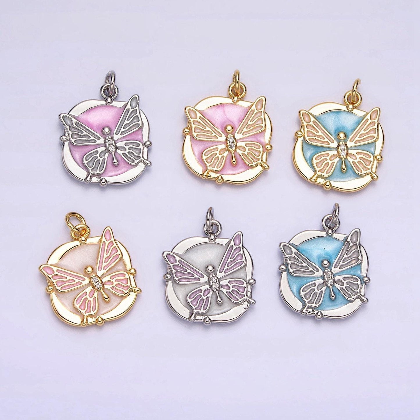 16k gold filled butterfly white, pink, blue sparkly enamel charm mariposa monarch pendant gold & silver animal charm | ac1549