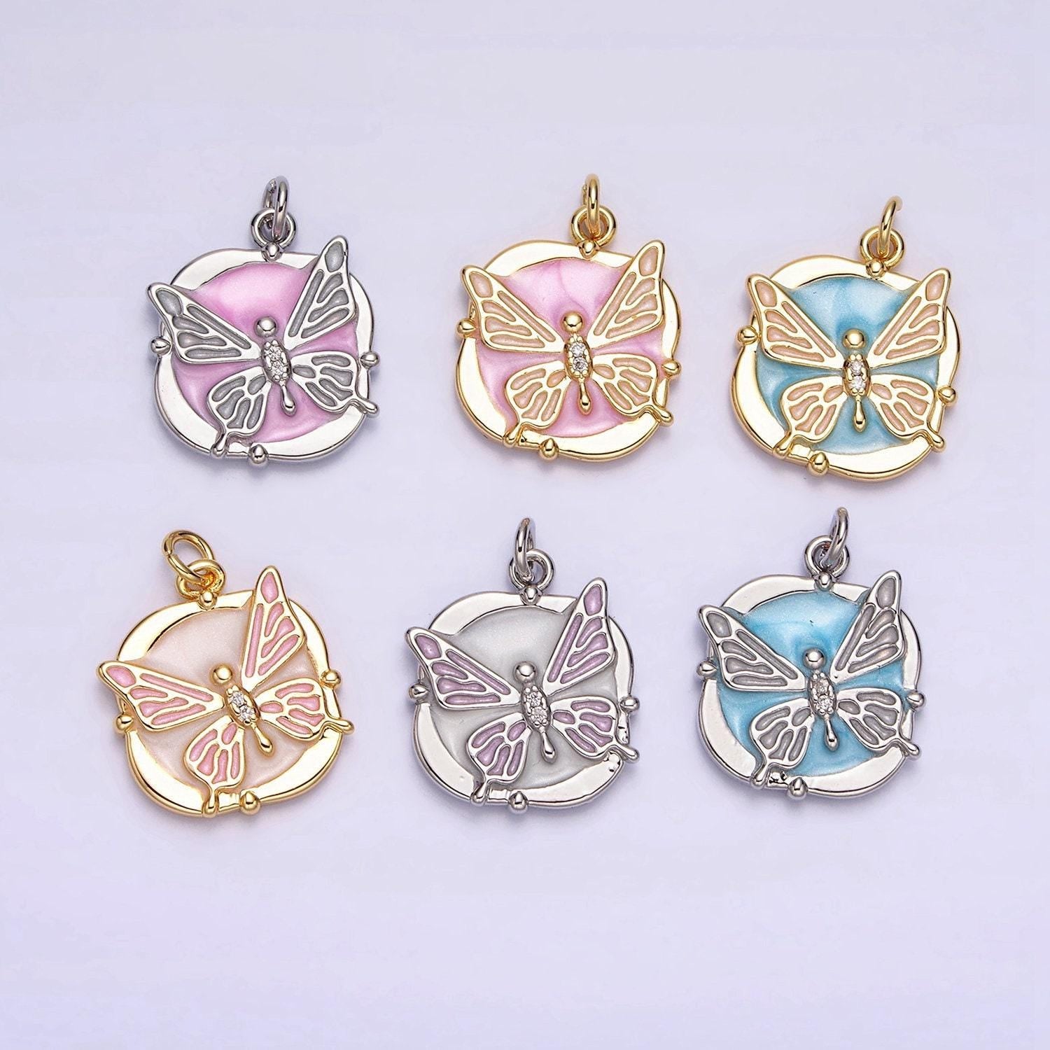 16k gold filled butterfly white, pink, blue sparkly enamel charm mariposa monarch pendant gold & silver animal charm | ac1549