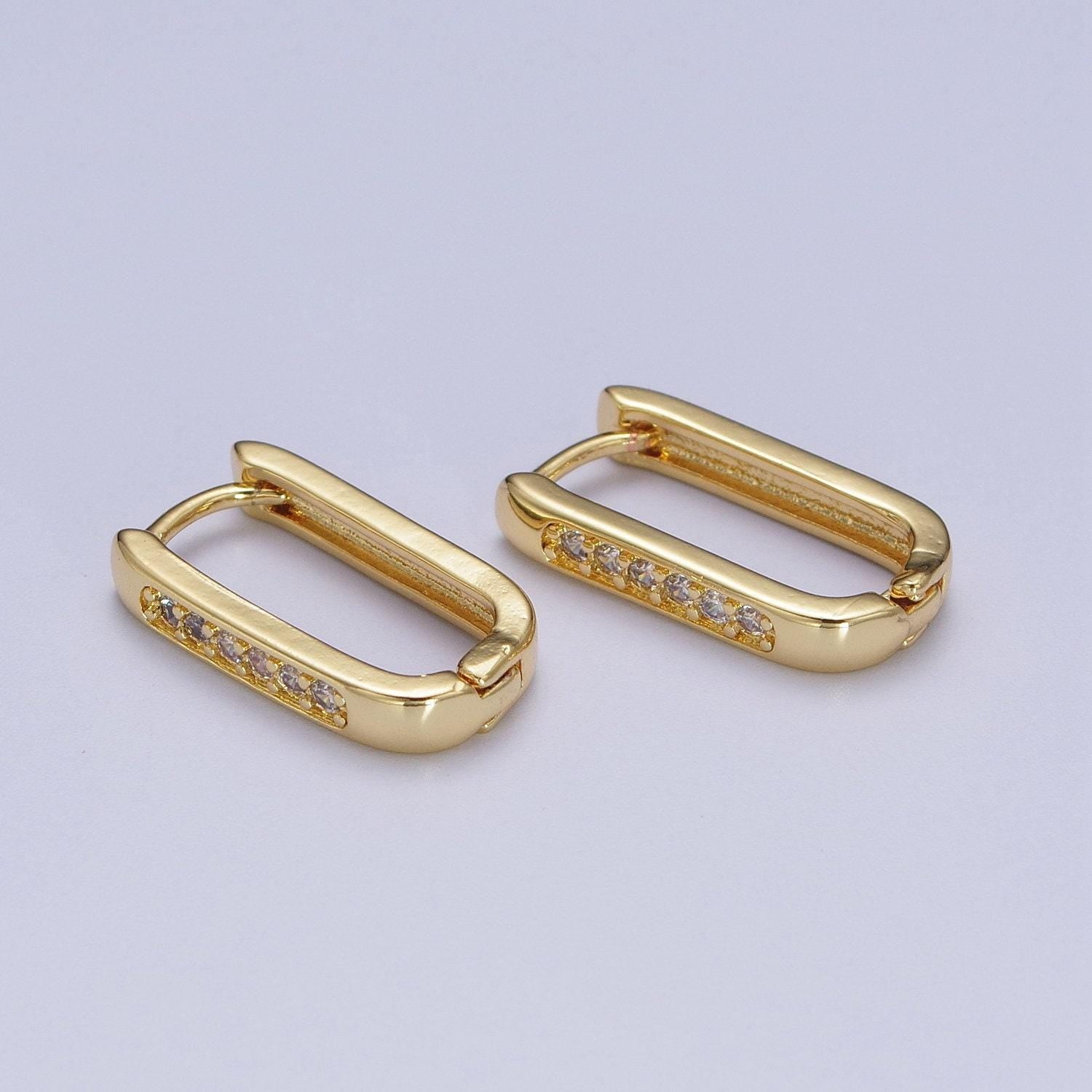 Gold oblong cz rectangle earrin oval shape earrings, minimalist hoop earring for everyday use ad-154
