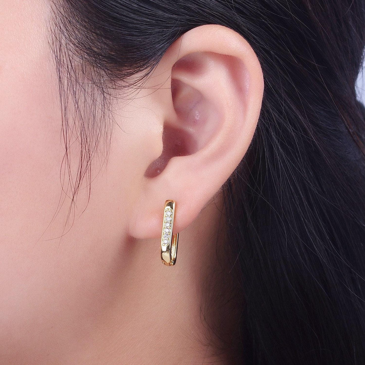 Gold oblong cz rectangle earrin oval shape earrings, minimalist hoop earring for everyday use ad-154