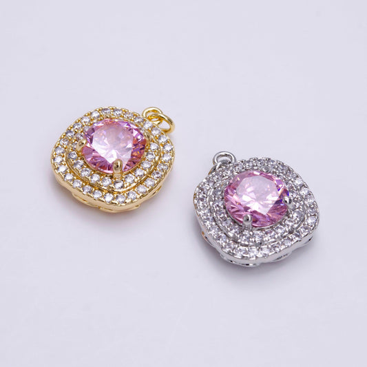 16k gold filled square micro paved round pink cz add-on charm in gold & silver | ac1459 ac1460