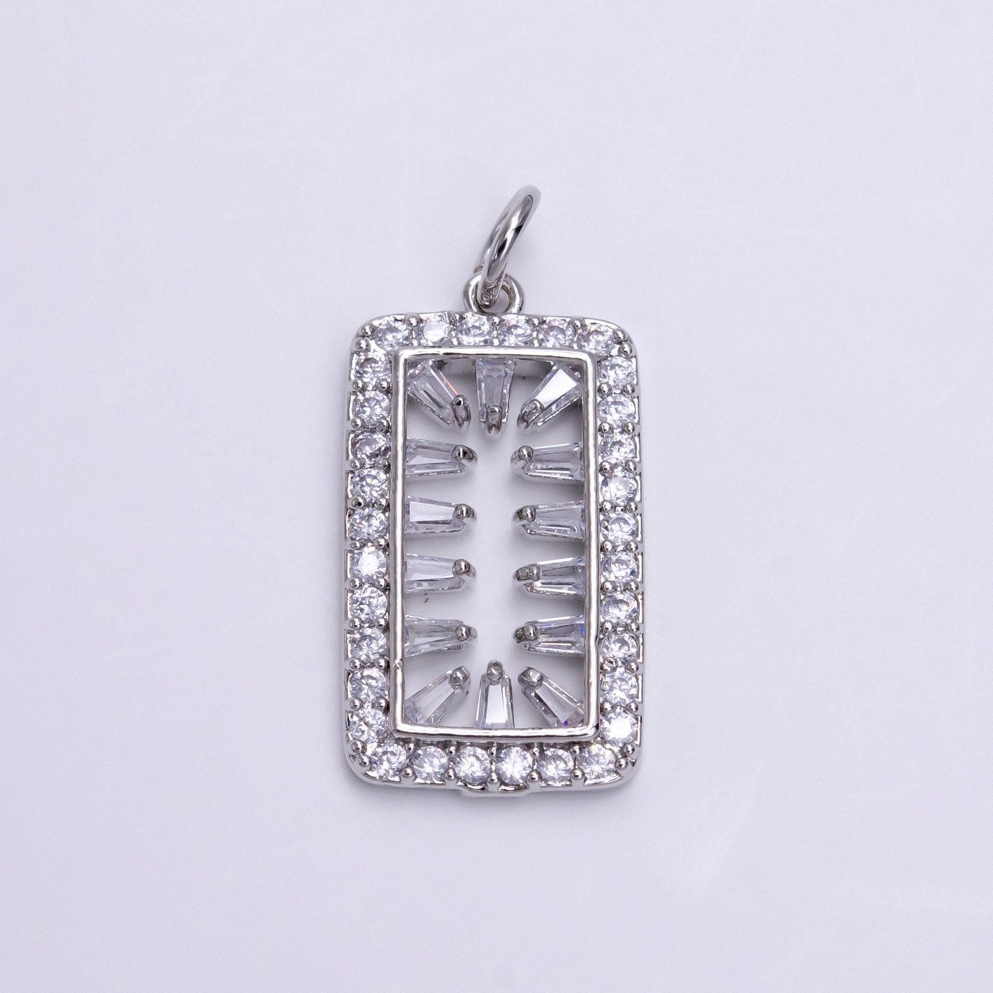 White gold filled clear triangle baguette open micro paved tag rectangular charm | ac1452