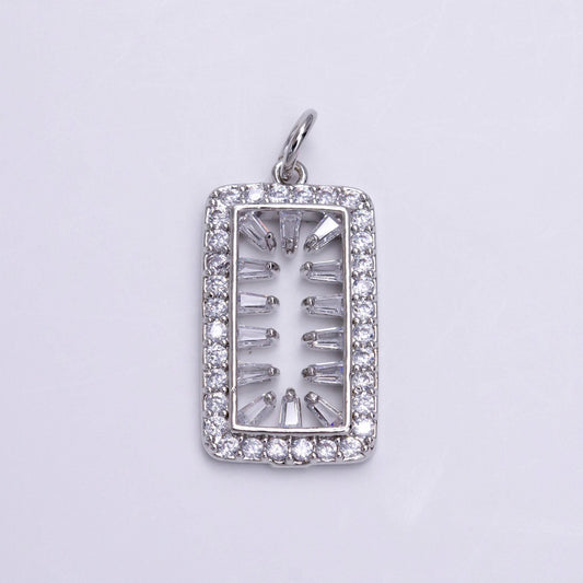 White gold filled clear triangle baguette open micro paved tag rectangular charm | ac1452