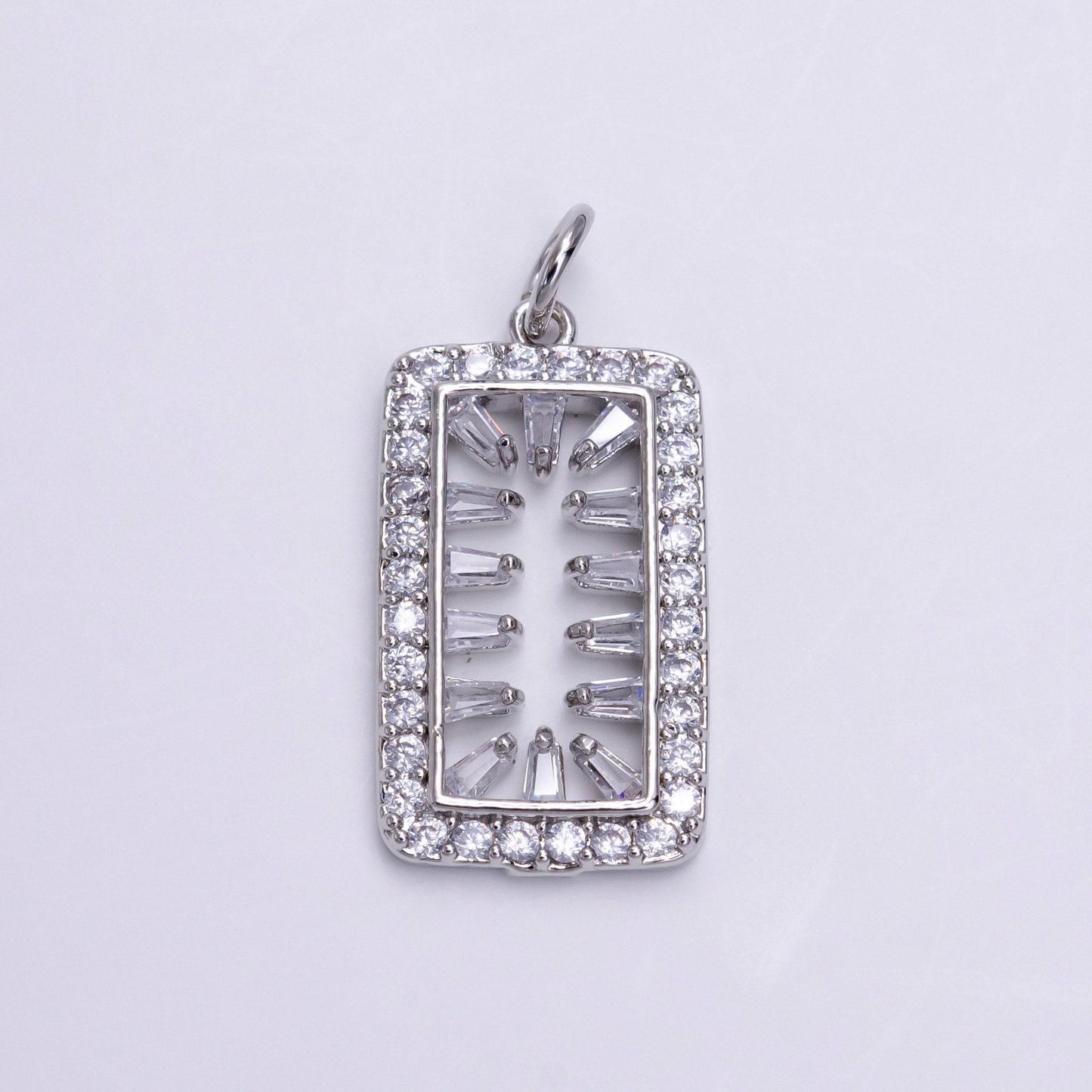 Silver clear cz baguette open micro paved tag rectangular charm | ac1452