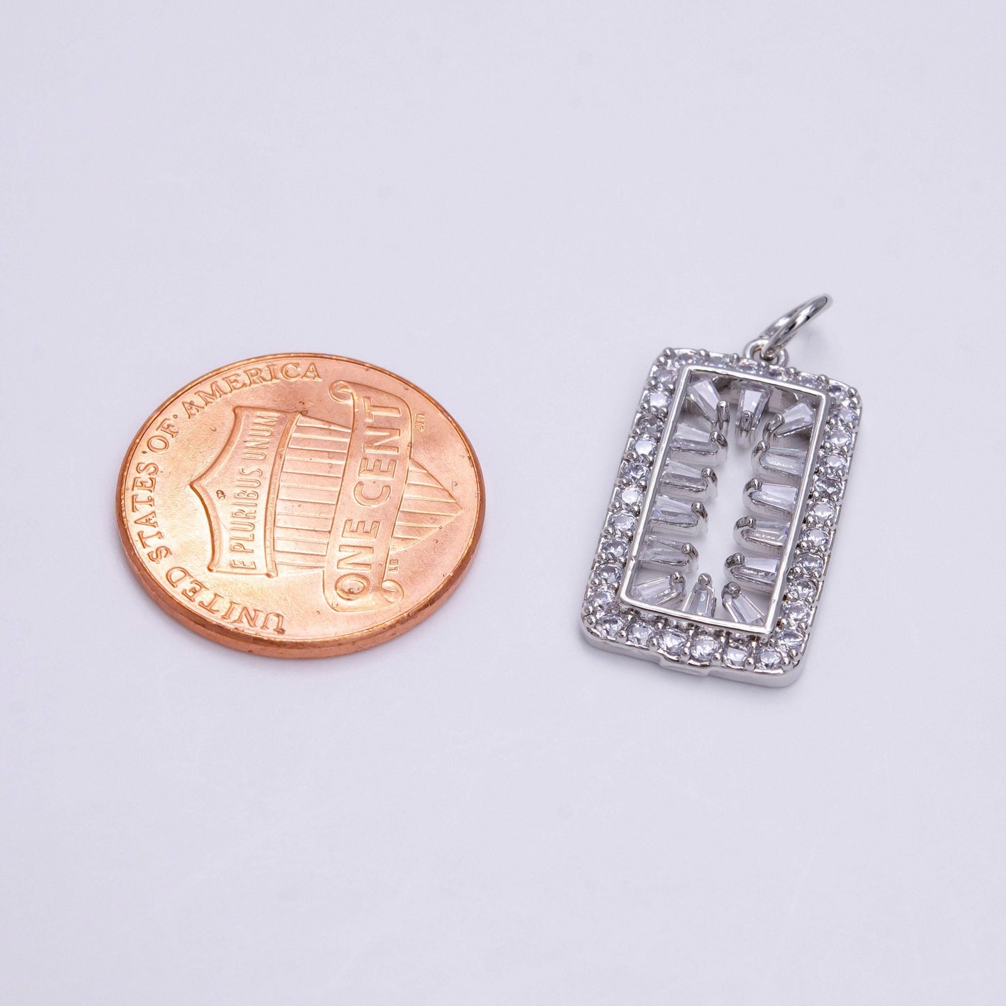 White gold filled clear triangle baguette open micro paved tag rectangular charm | ac1452