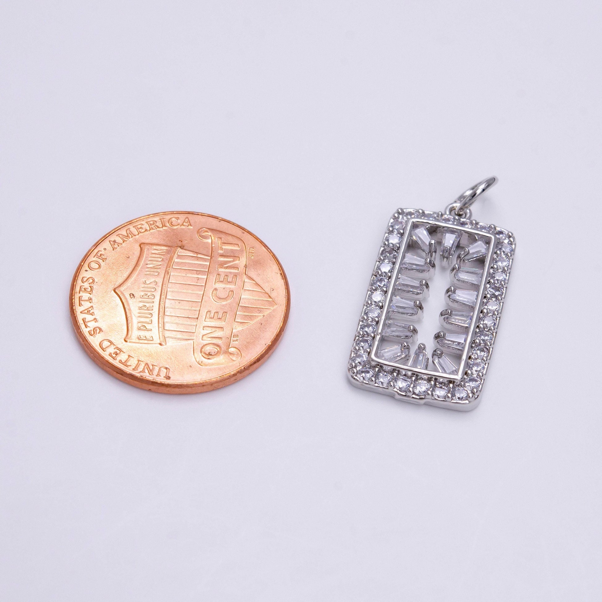 White gold filled clear triangle baguette open micro paved tag rectangular charm | ac1452