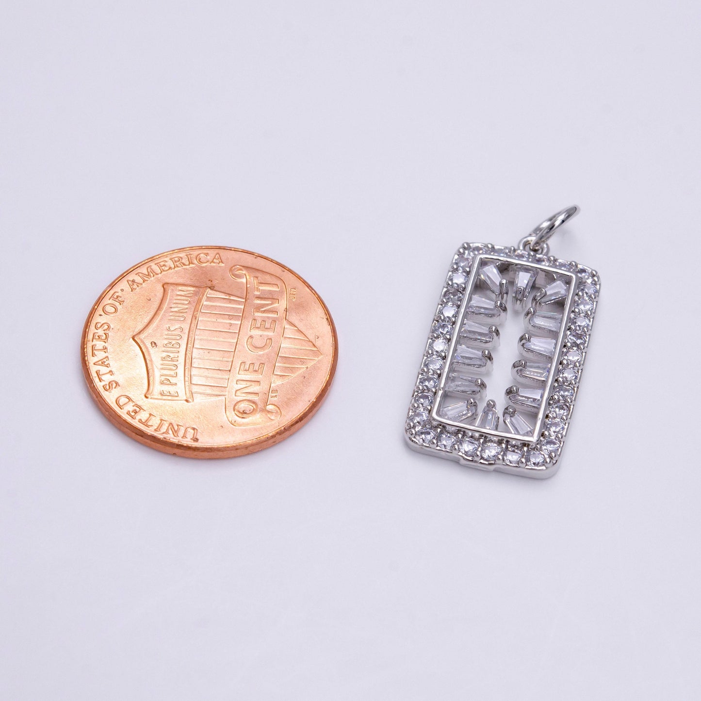 Silver clear cz baguette open micro paved tag rectangular charm | ac1452