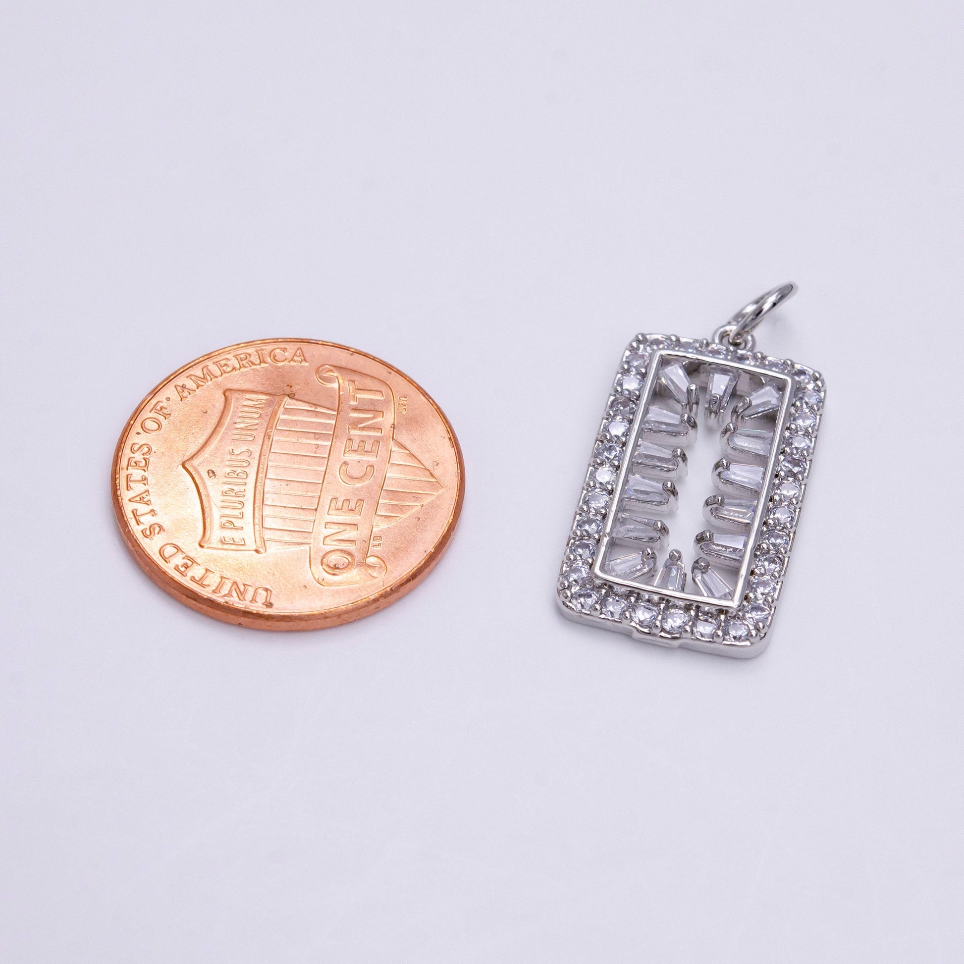 Silver clear cz baguette open micro paved tag rectangular charm | ac1452