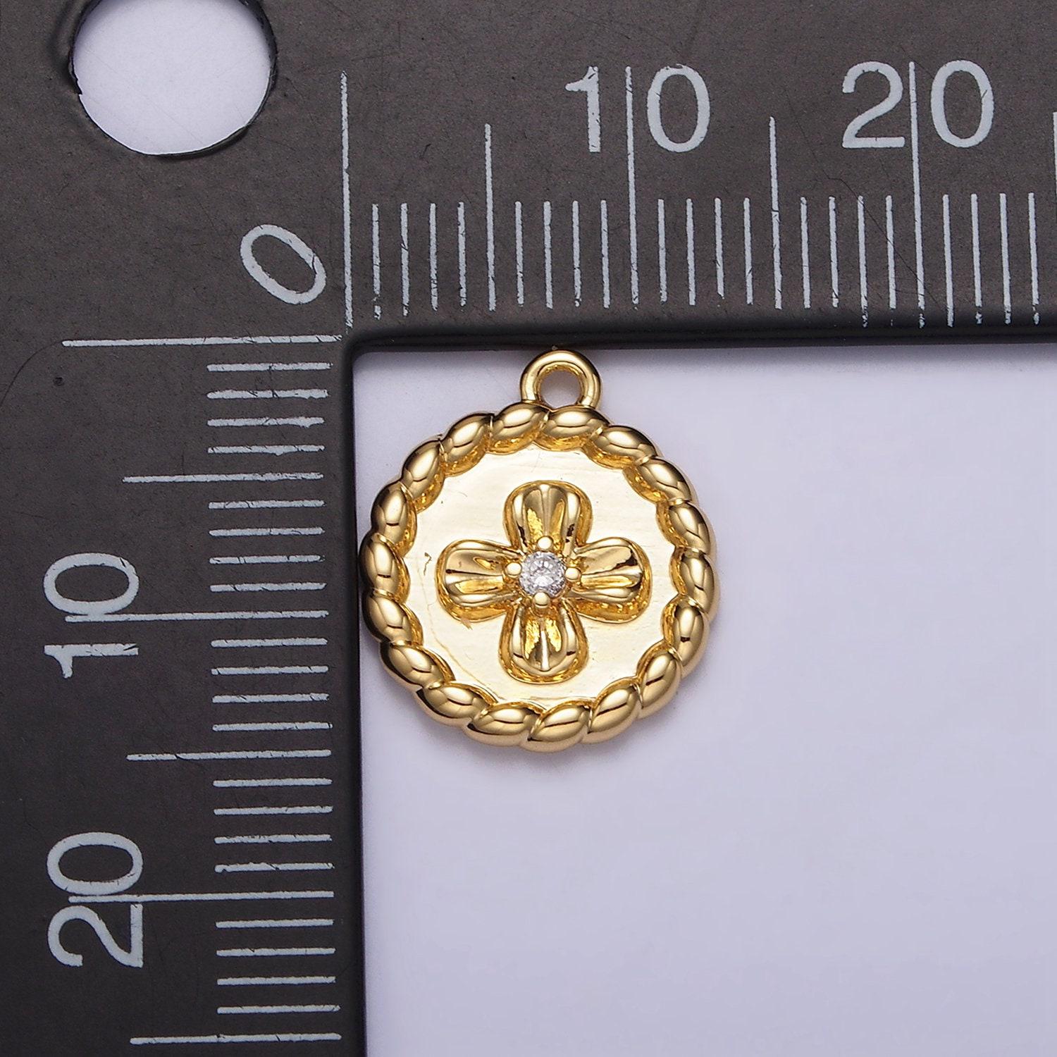 24k gold filled cz flower braided round coin charm | ac1429