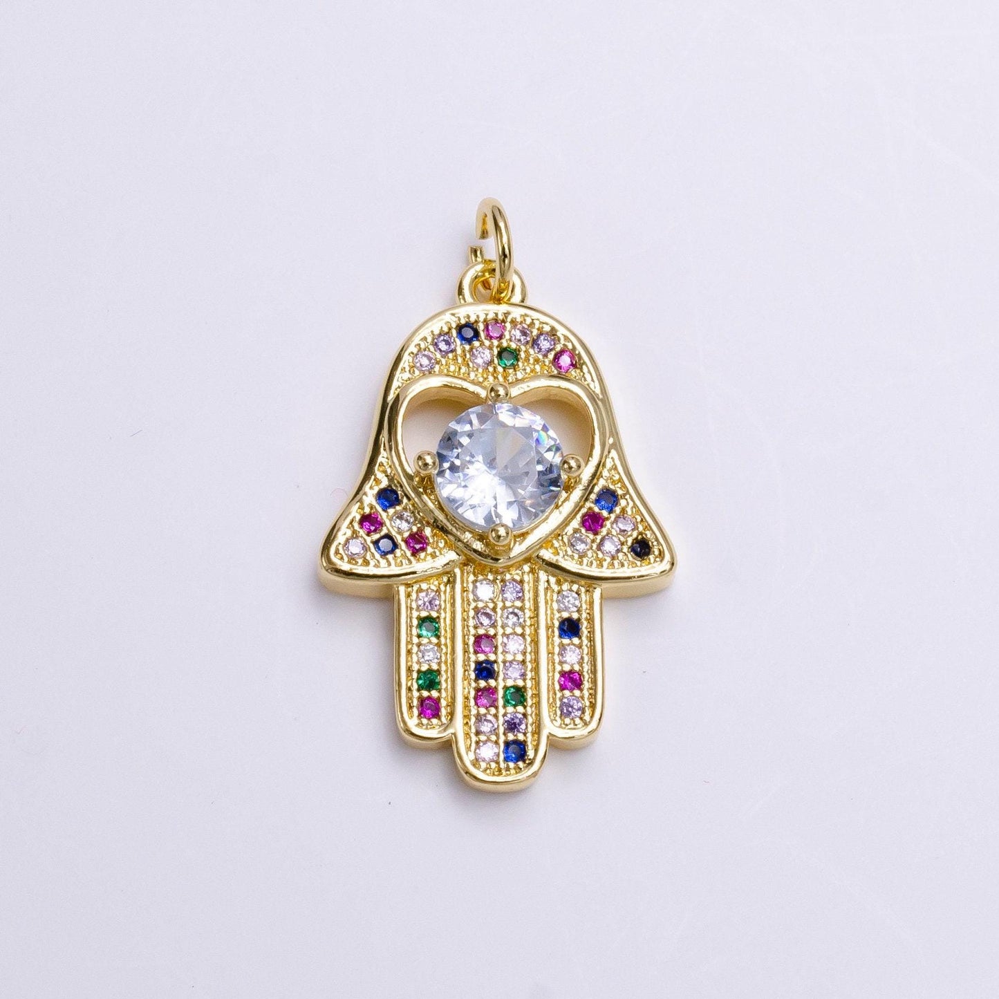 14k gold filled heart hamsa hand multicolor micro paved cz charm | ac1415