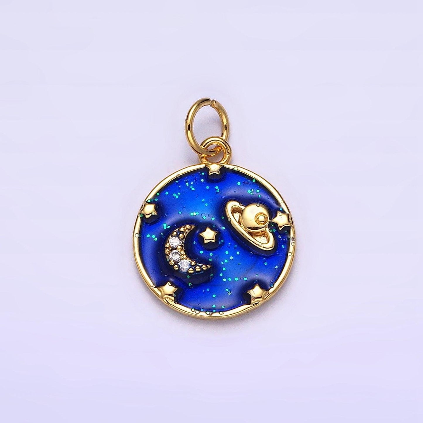 14k gold filled blue, multicolor cotton candy pink enamel galaxy celestial planet stars round charm | ac1412 ac1413